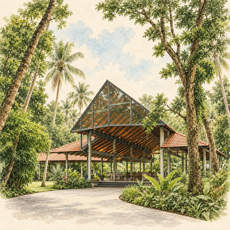 Watercolor illustration of Thottam by Chiriyamkandath's open-air pavilion in a tropical garden